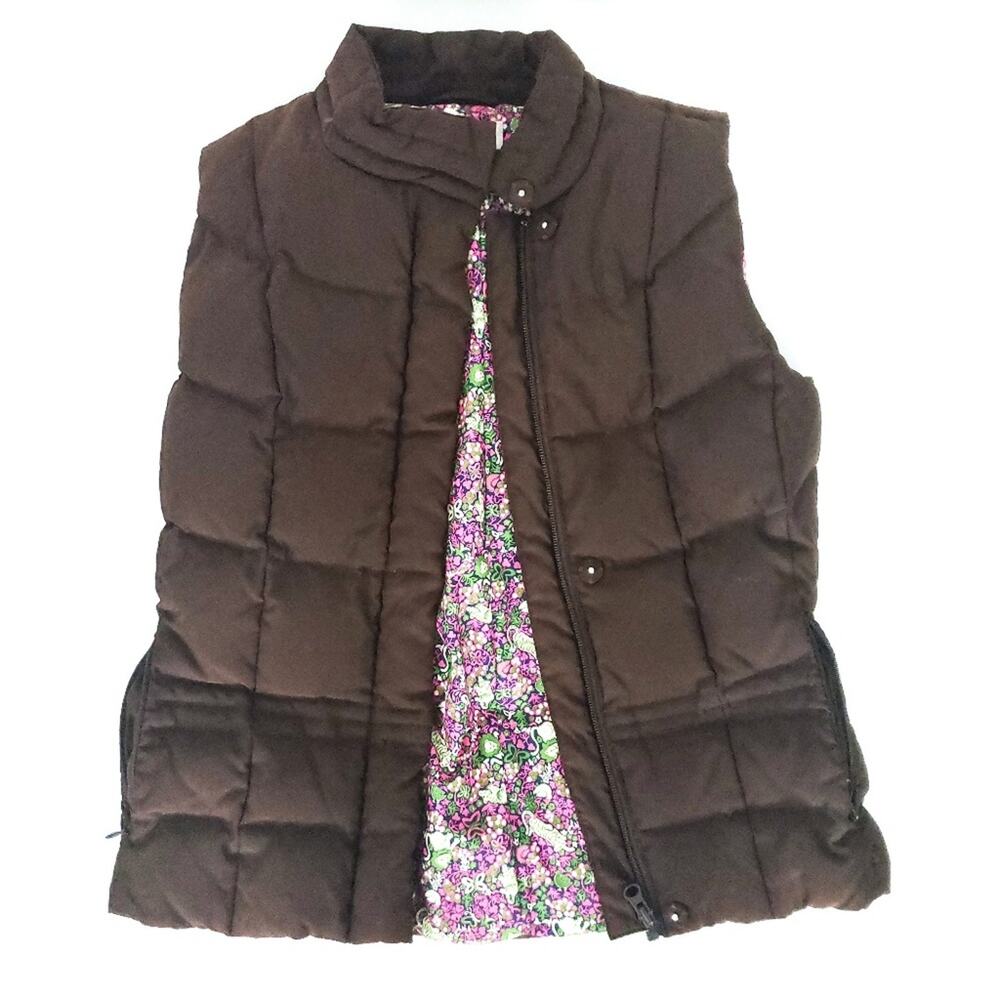 Lilly Pulitzer Down Feathers Full Zip Puffer Vest Brown XS, Floral Lining Animal
